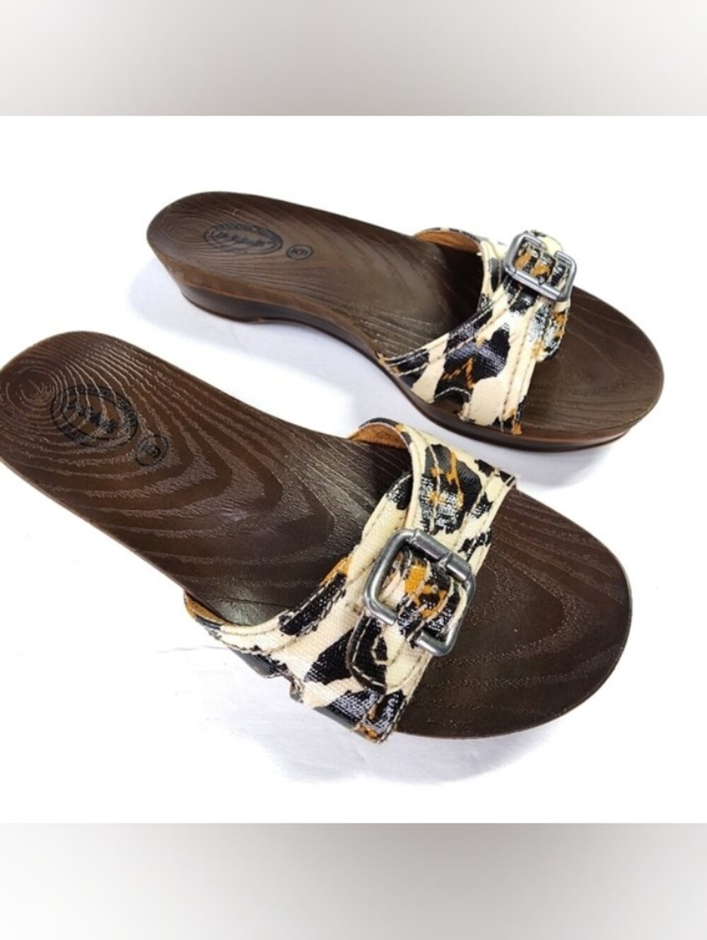 Dr. Scholls Sandal Leopard Cheetah Animal Print Faux Wood Slide Buckle Comfort 6